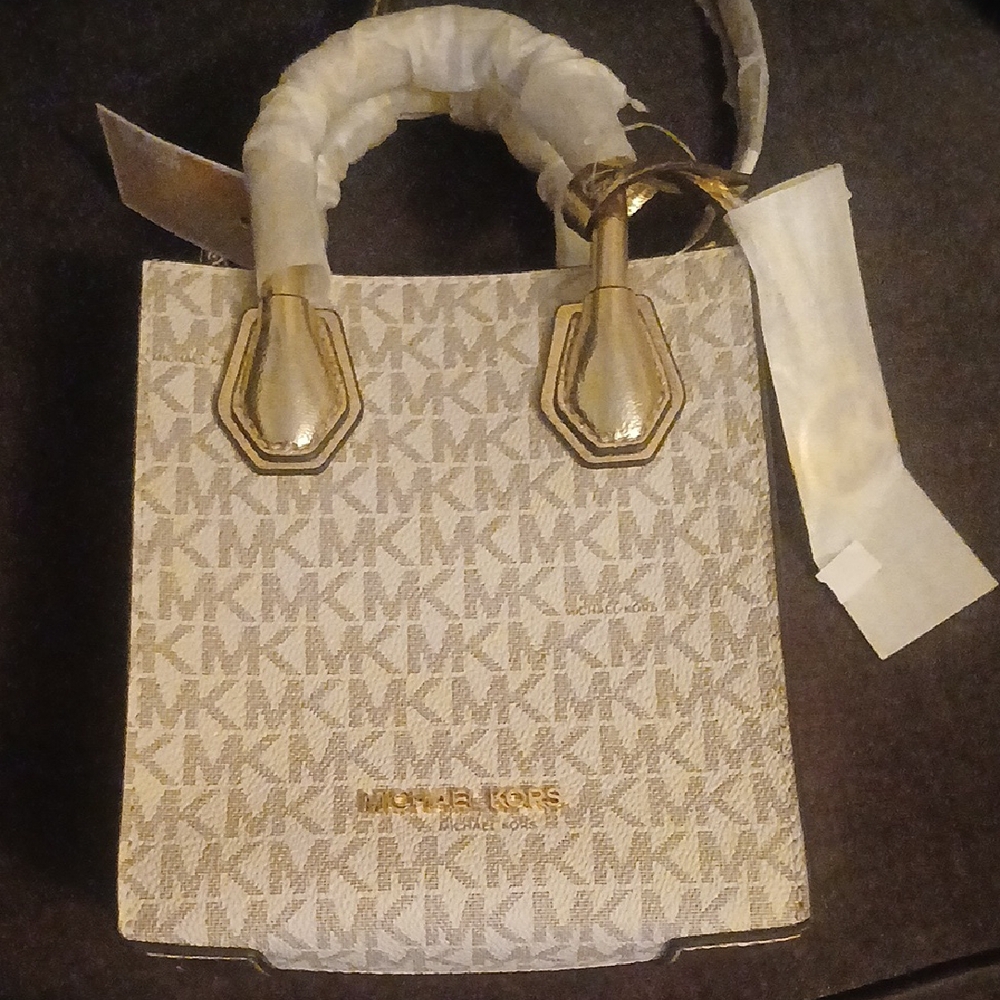 Michael Kors Cream and Gold Tote Bag with Monogram Design